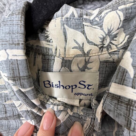 Bishop St Shirt Men's Large Gray Aloha Hawaiian Button Front Short Sleeve - Picture 6 of 7